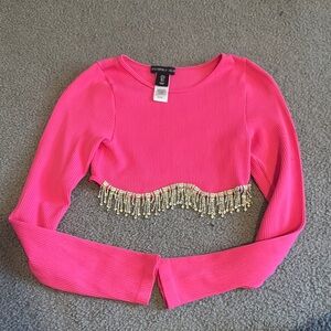 Pink Cropped Top with Beaded Fringe